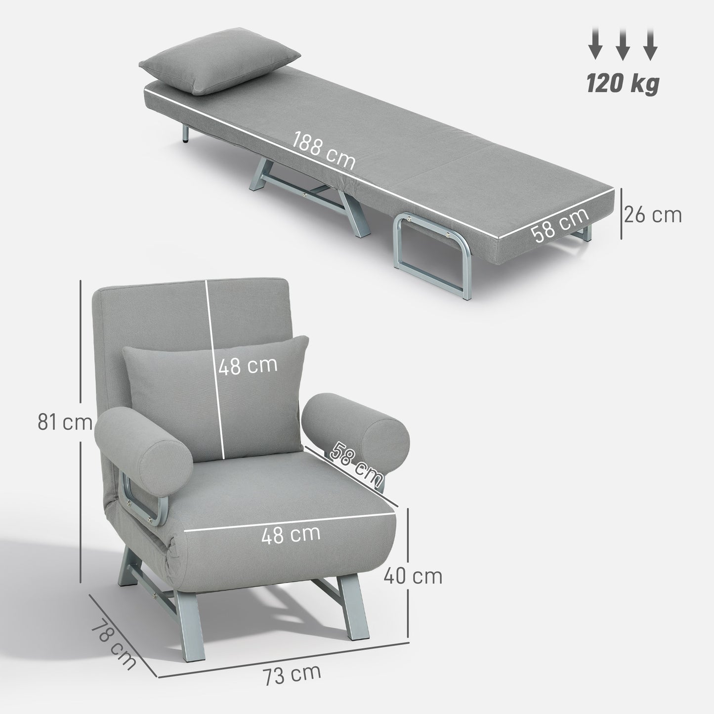 HOMCOM 3 In 1 Sofa Bed Chair With Adjustable Backrest And Removable Armrests In Light Grey