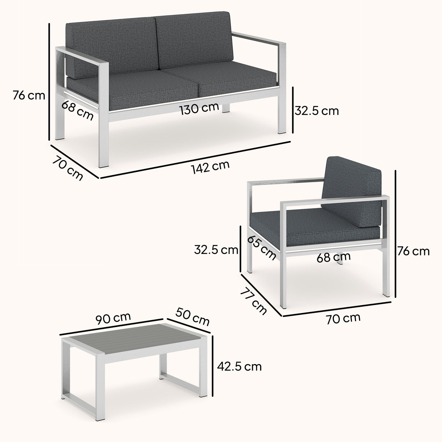 Outsunny 4 Seater Garden Furniture Set With Extra Wide Deep Seats Olefin Cushions Brushed Aluminium Frame Dark Grey