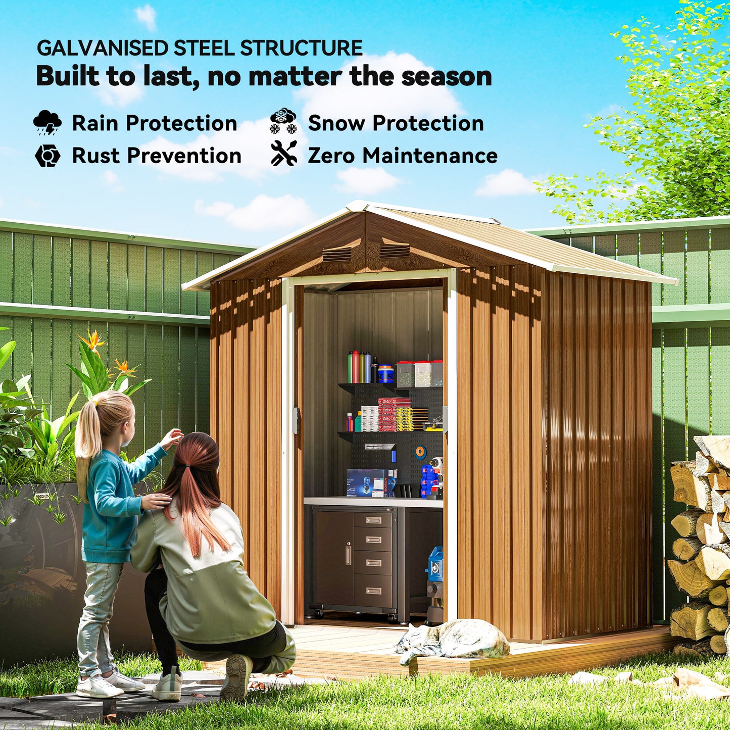 Outsunny Metal Garden Storage Shed Brown Wood Effect 6.5 x 3.5 Feet With Double Sliding Doors