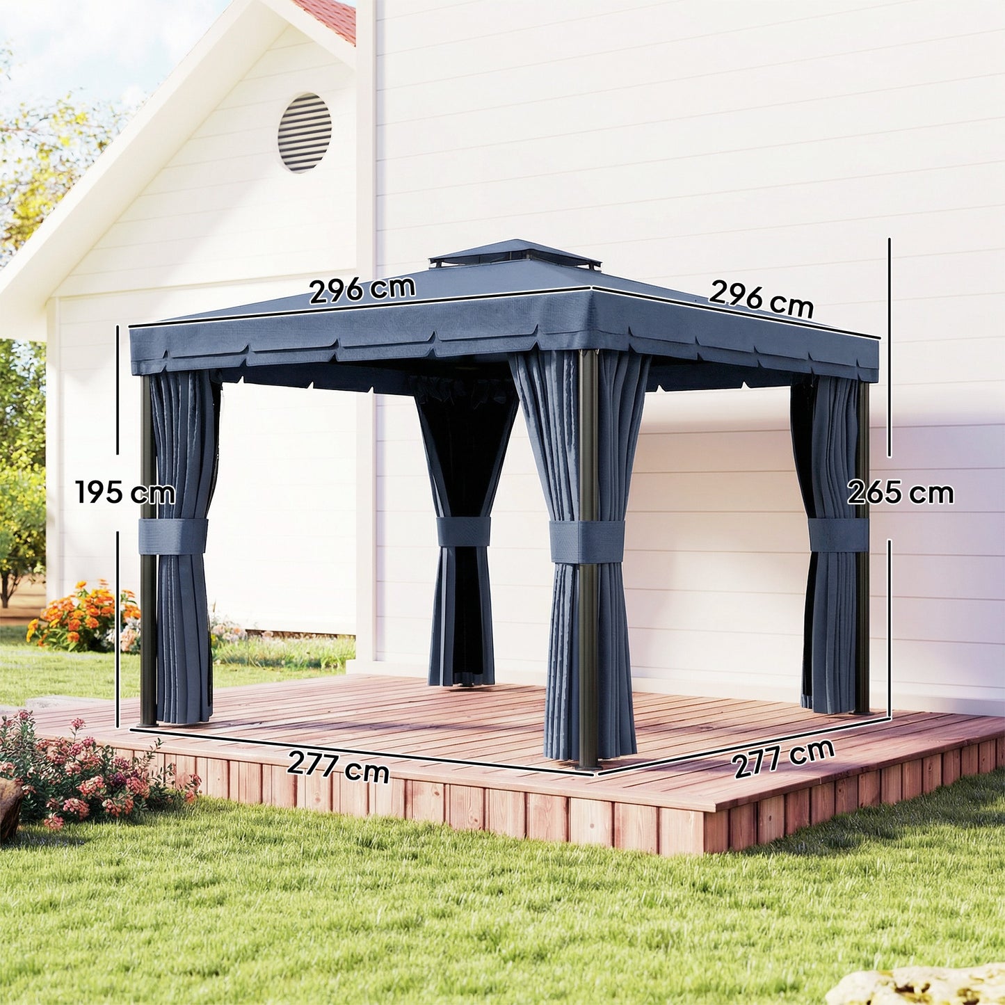 Outsunny 3x3m Patio Gazebo Canopy Garden Pavilion Tent Shelter Marquee With 2 Tier Roof Netting Curtains Dark Blue
