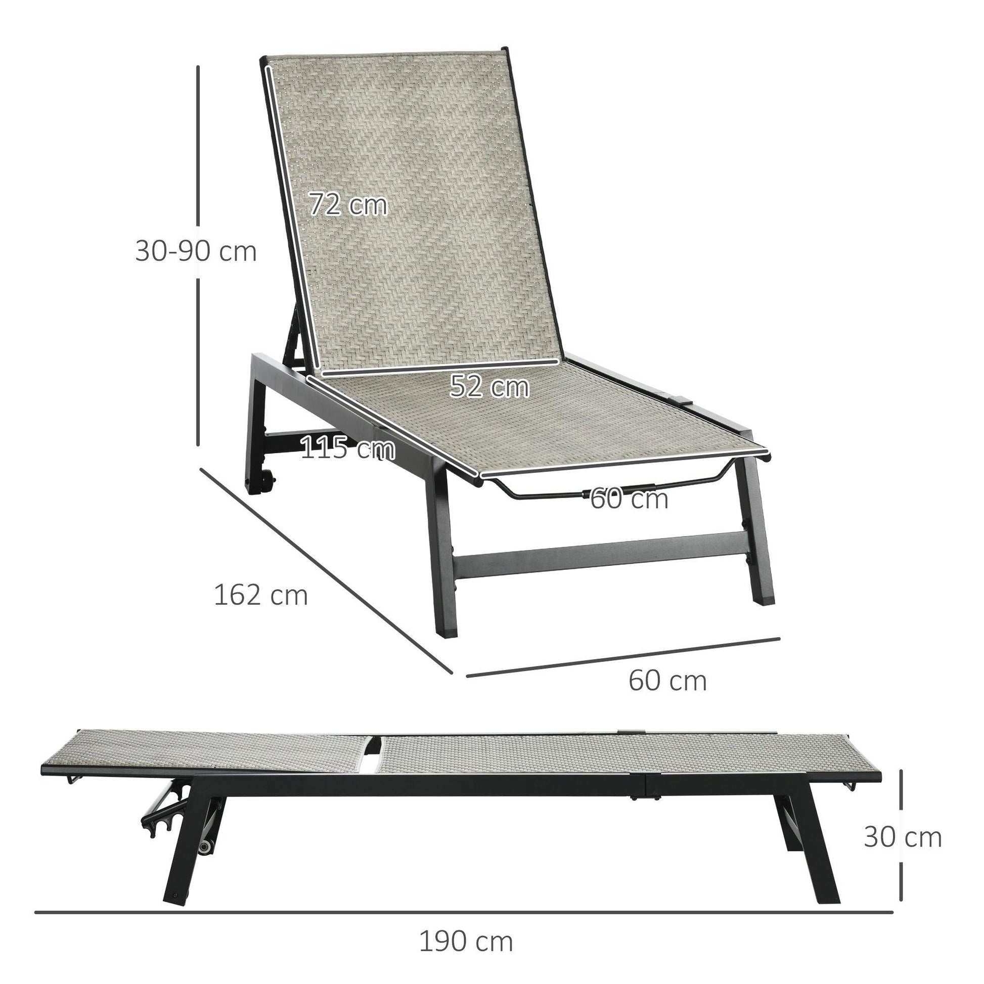 Outsunny Outdoor PE Rattan Sun Loungers w/ 5-Position Backrest & Wheels, Grey - ALL4U RETAILER LTD