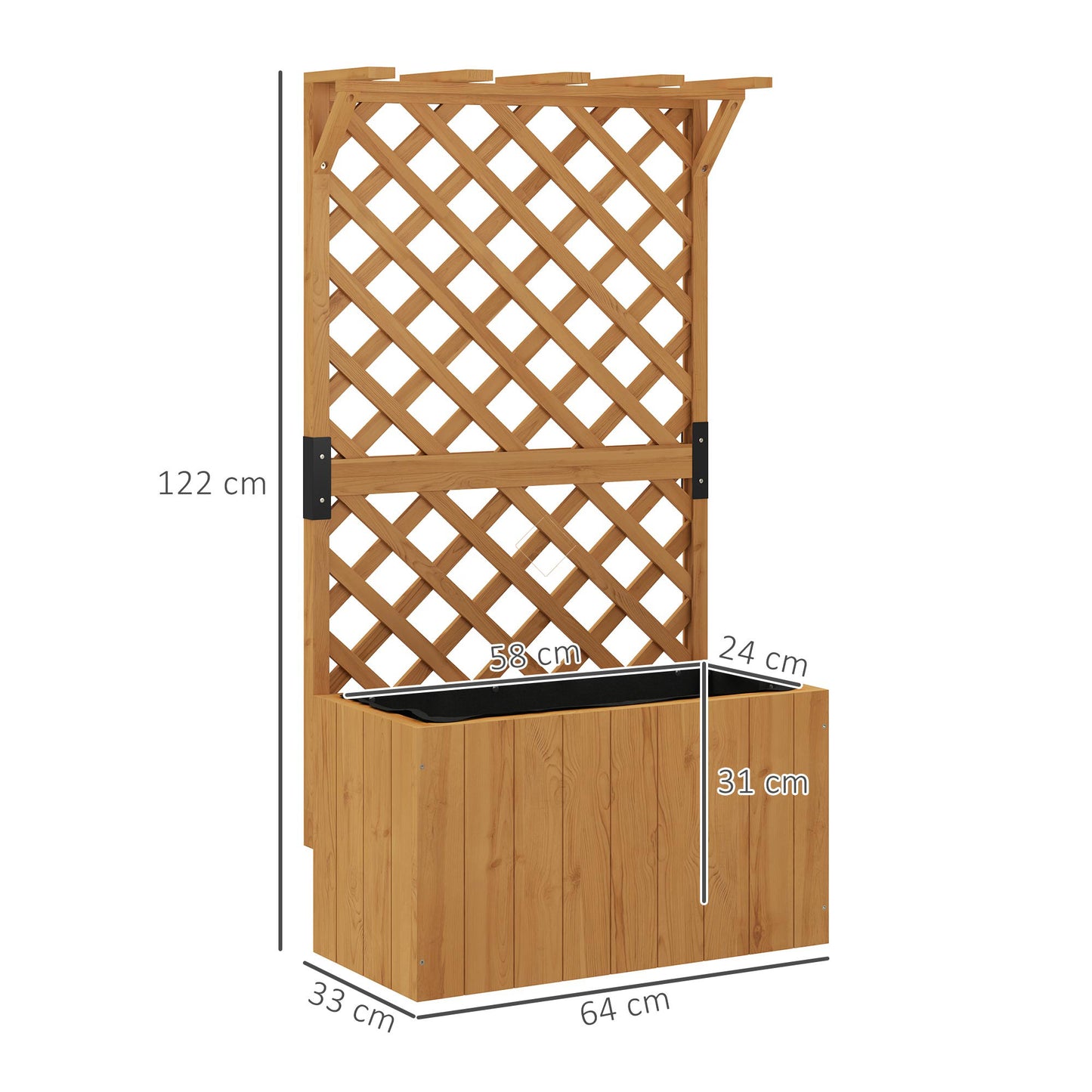 Outsunny Wooden Planter With Trellis Freestanding Raised Garden Bed Drainage Holes Liner Outdoor Natural