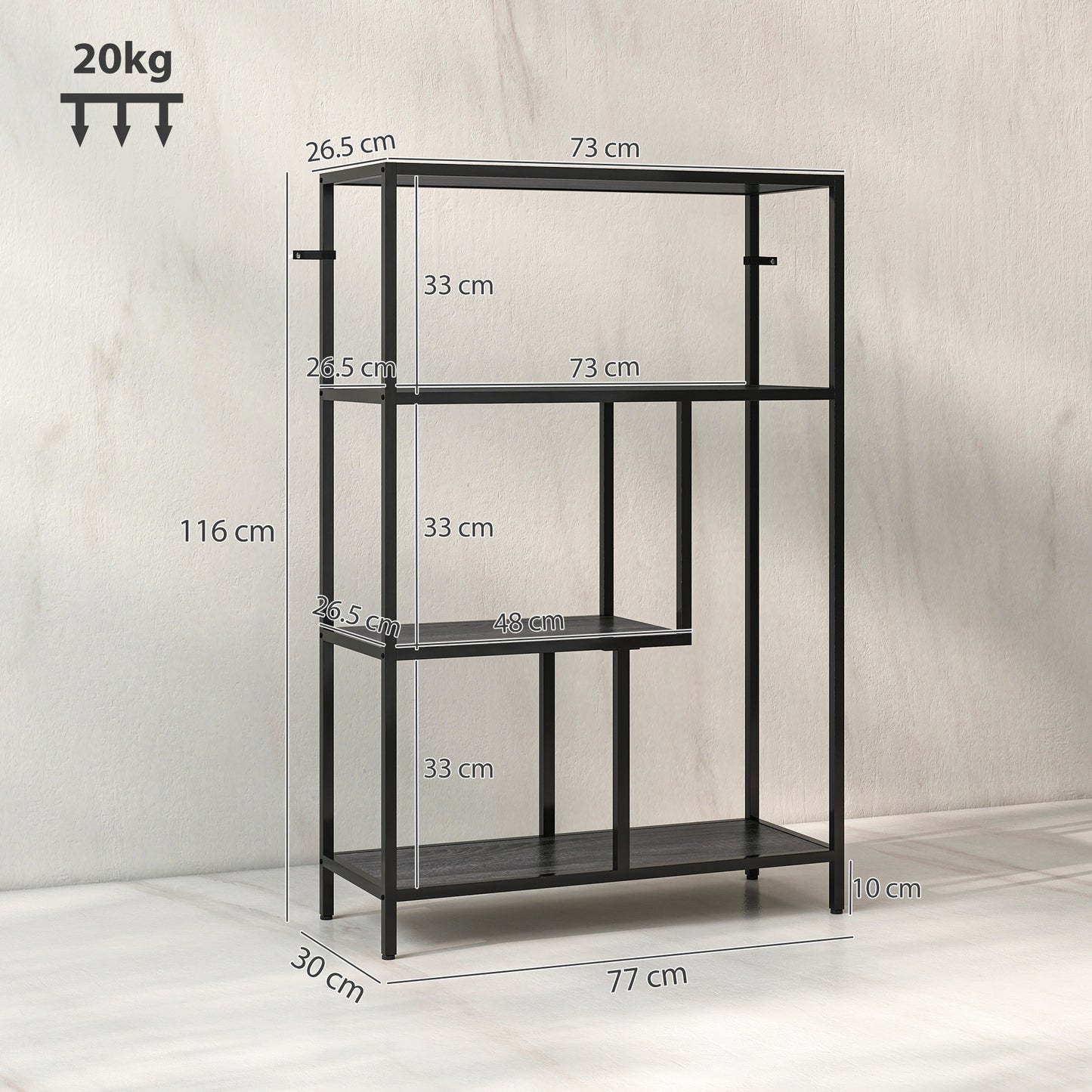 HOMCOM 4 Tier Bookshelf With Open Shelves In Charcoal Grey Industrial Style Rustic Wood Finish