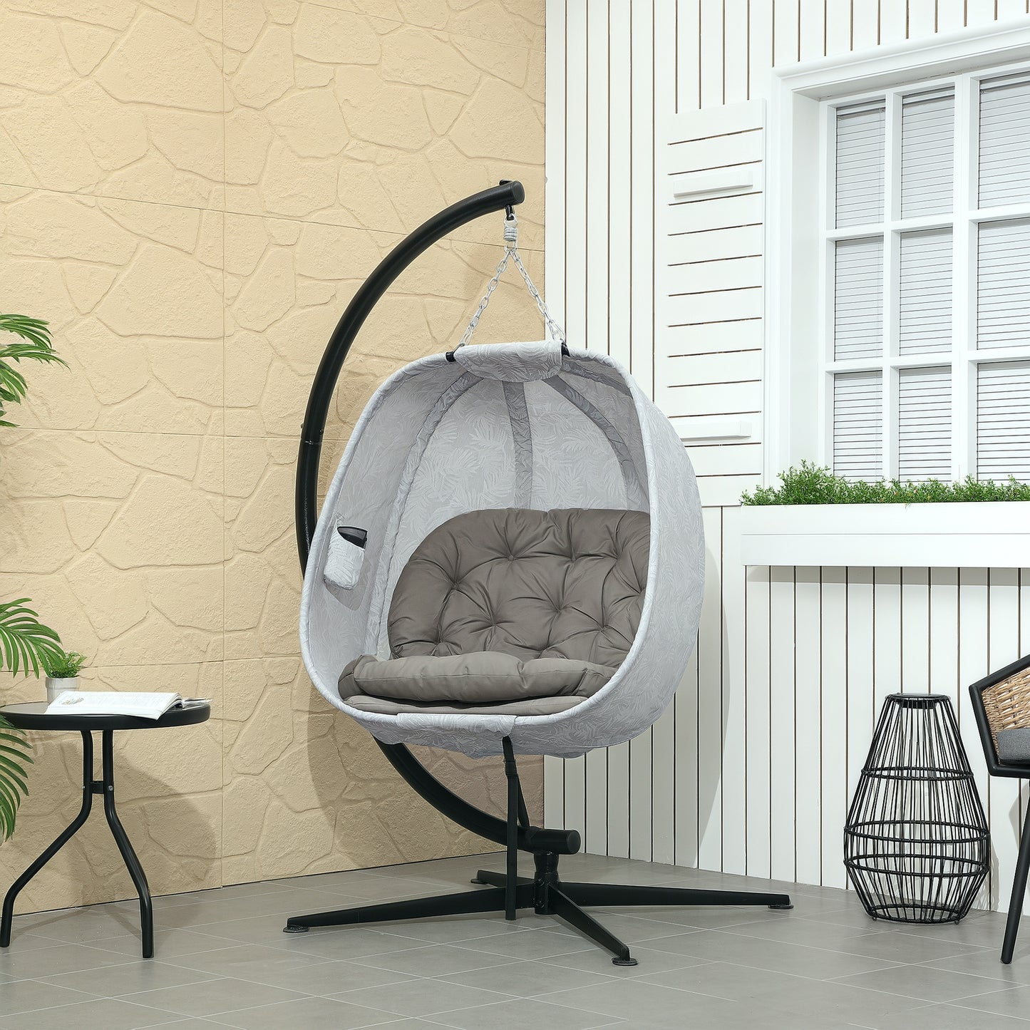 Outsunny Hanging Egg Chair With Stand And Folding Basket Thickened Cushion Cup Holder Sand Brown Patio Balcony Garden
