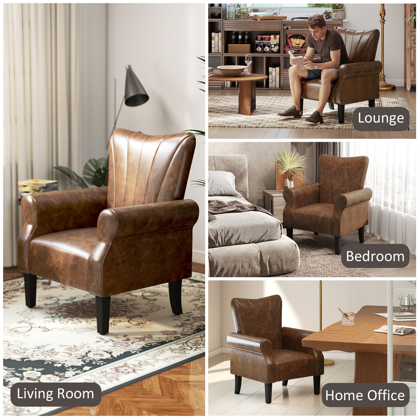 HOMCOM Upholstered Accent Chair With Rolled Arms And Wood Legs For Living Room And Bedroom Brown