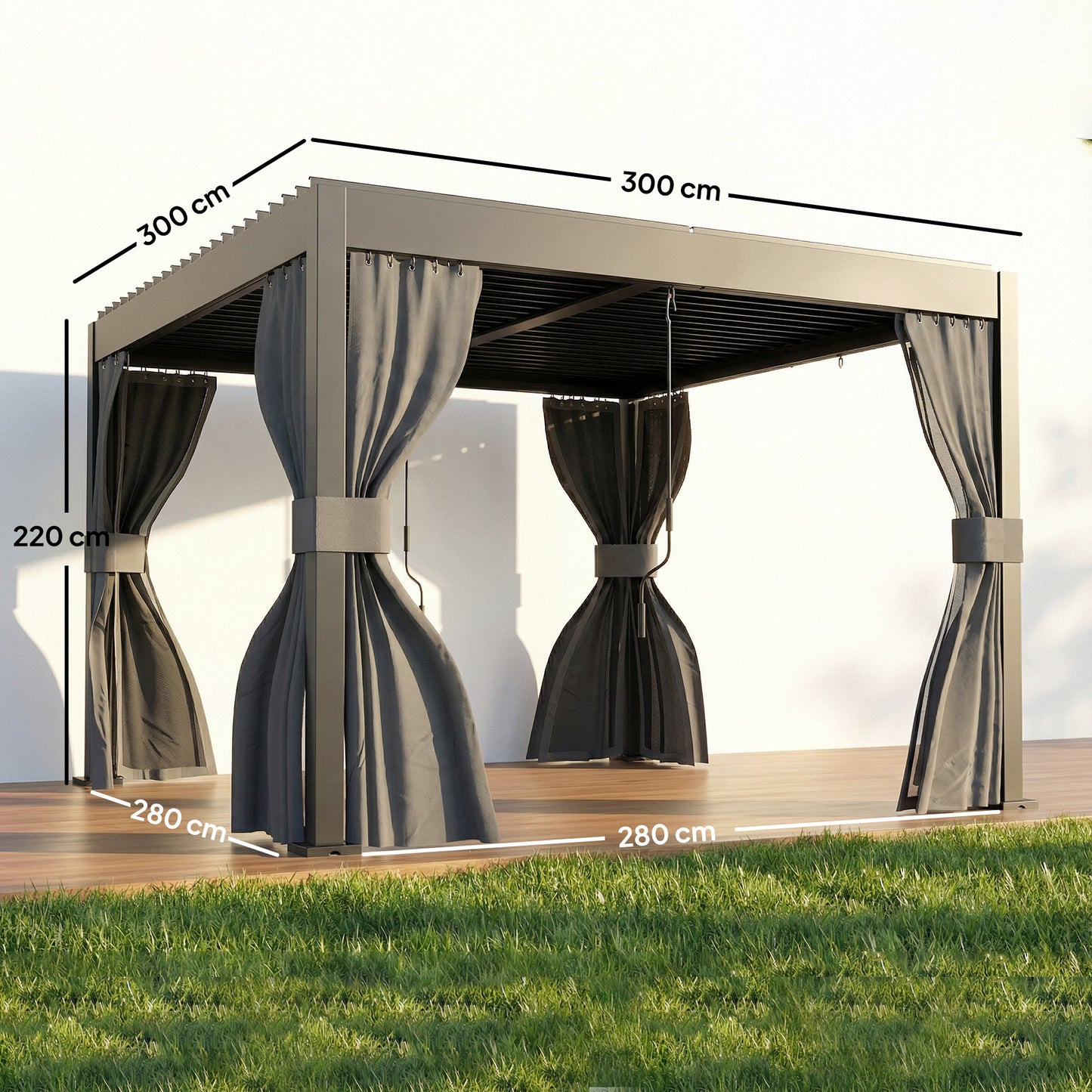 Outsunny 3x3 M Louvered Pergola With Adjustable Metal Roof Aluminum Patio Gazebo With Netting And Curtains Dark Grey