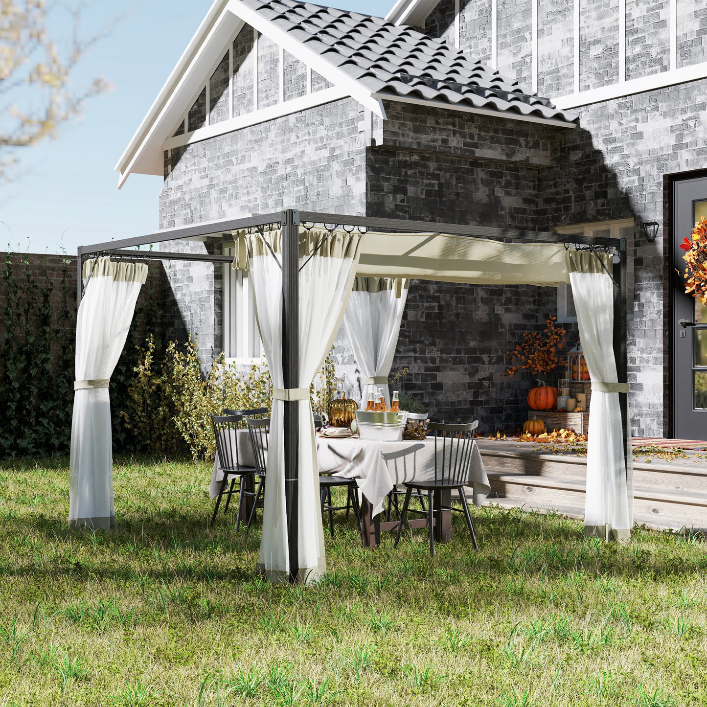 Outsunny 3 x 3m Aluminium Frame Pergola With Retractable Roof For Outdoor Shade Shelter Khaki