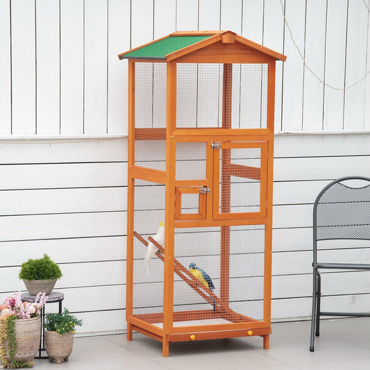 PawHut Orange Wooden Bird Aviary Cage with Pull Out Tray, 2 Doors - ALL4U RETAILER LTD