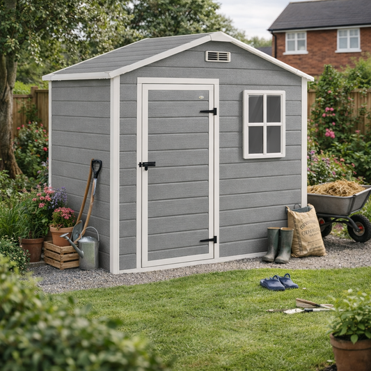 Outsunny 6 x 4ft Plastic Shed With Floor Wood Effect Resin Garden Shed With Window Lockable Door Vents All Weather Grey