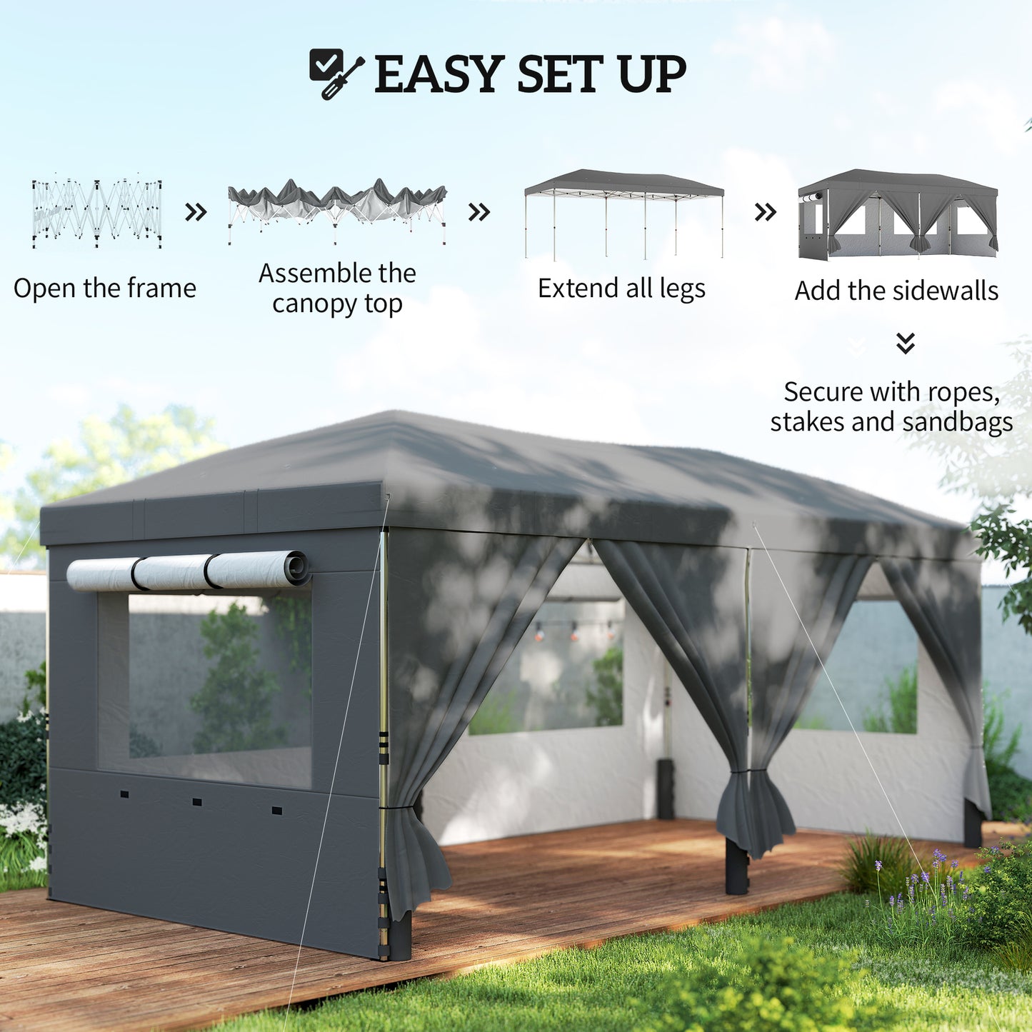 Outsunny 3 By 6 Meter Pop Up Canopy with UV50 Plus Protection Garden Gazebo Six Sidewalls Dark Grey