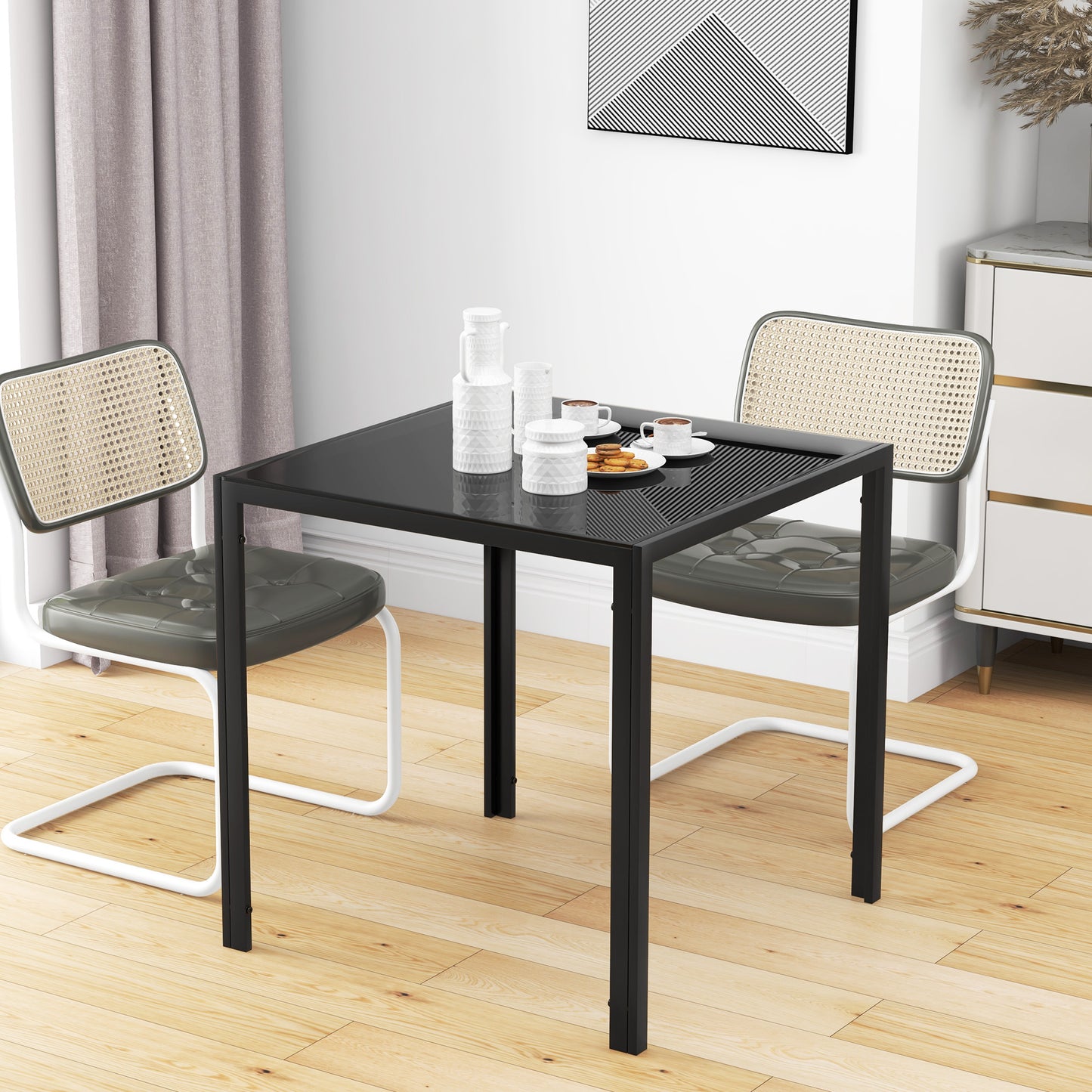 HOMCOM Modern Square Dining Table for Two to Four People with Glass Top and Metal Legs Black