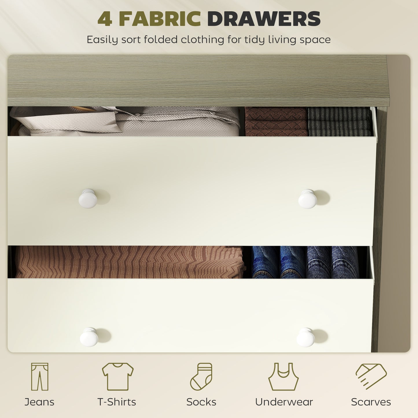 HOMCOM Chest Of Drawers Dresser With Four Fabric Drawers White And Grey Wood Effect MDF Steel Frame