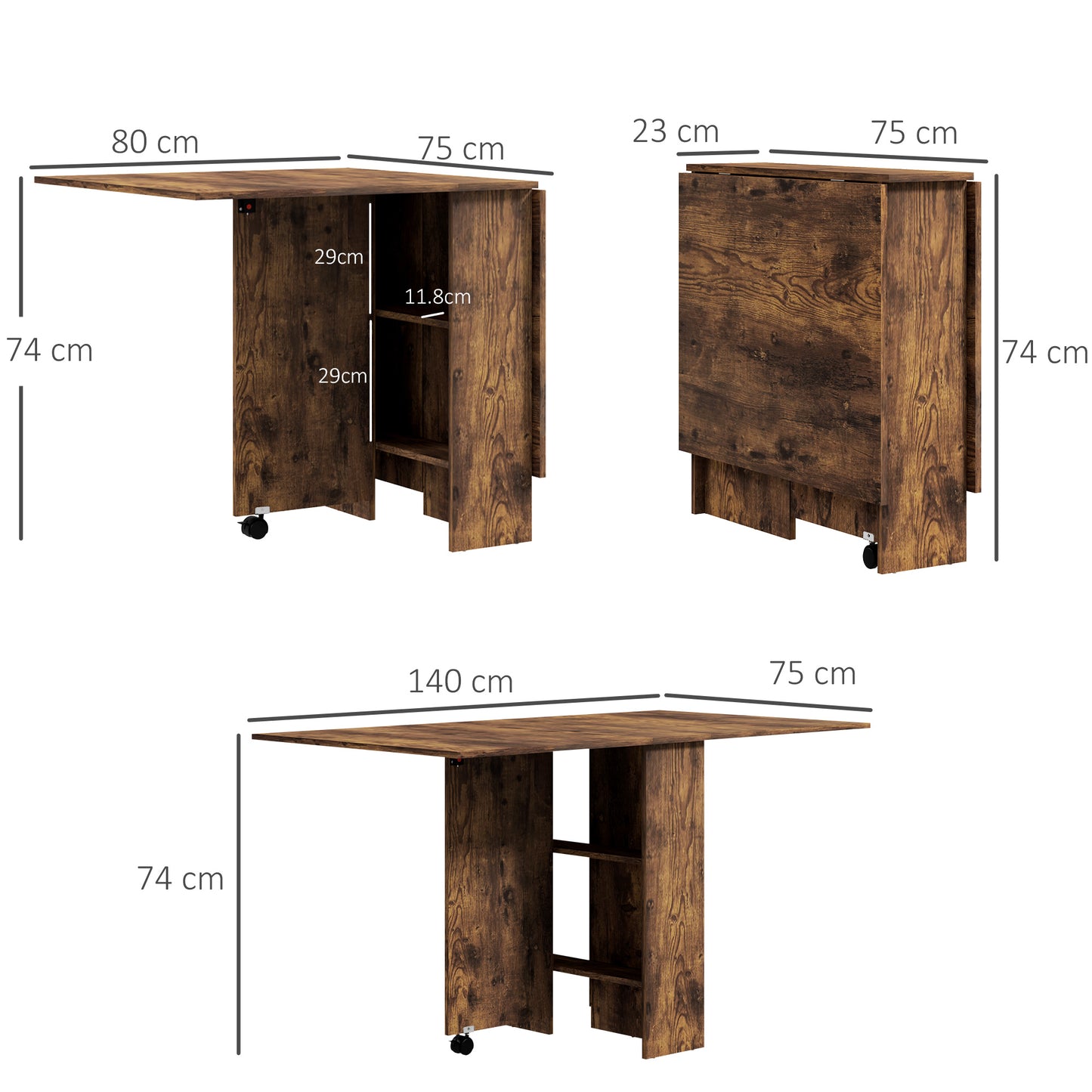 HOMCOM Folding Dining Table 80-140 Cm For 4-6 People Drop Leaf With 2-Tier Shelves And Rolling Casters Rustic Brown