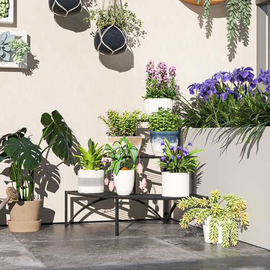 Outsunny Black Three Tier Corner Metal Plant Shelf Stand Rust Resistant Powder Coated Finish