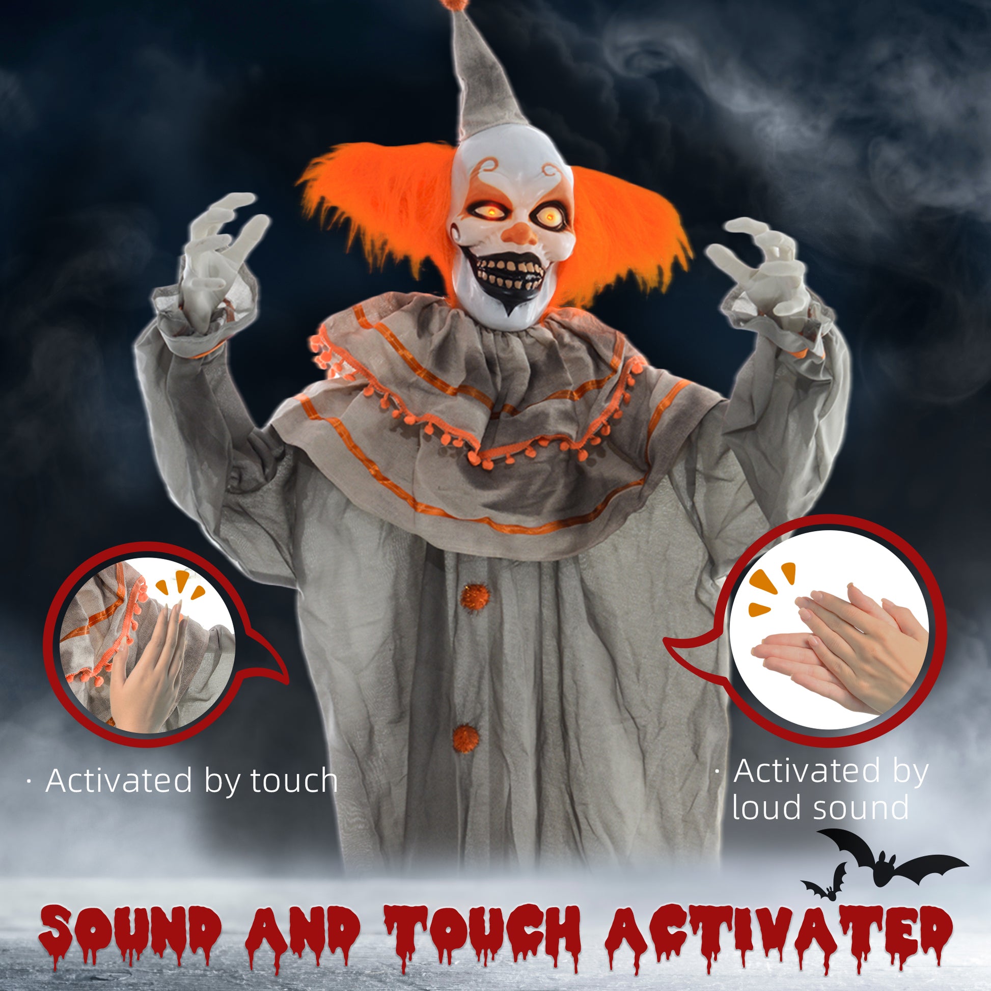 HOMCOM 72" Spooky Orange Clown Animatronic Halloween Decoration with Sound Effects and Glowing Eyes - ALL4U RETAILER LTD