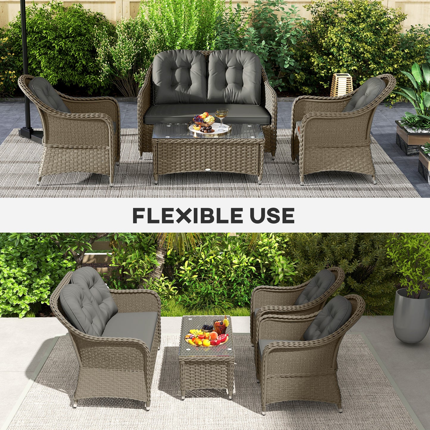 Outsunny Four Piece Rattan Sofa Set With Glass Top Table Aluminium Frame Outdoor Garden Furniture Light Grey