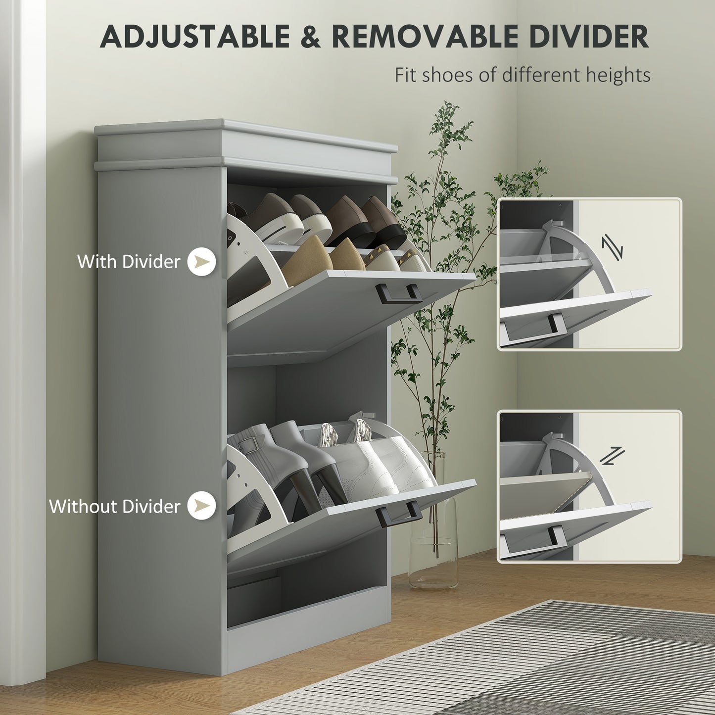 HOMCOM Two Drawer Minimalistic 10 Shoe Cabinet in Grey with Adjustable Shelves for Small Spaces