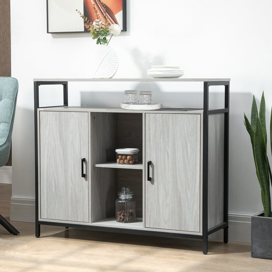 HOMCOM Modern Sideboard Steel Frame Storage Cabinet Two Doors Adjustable Shelves Living Room Hallway Light Grey