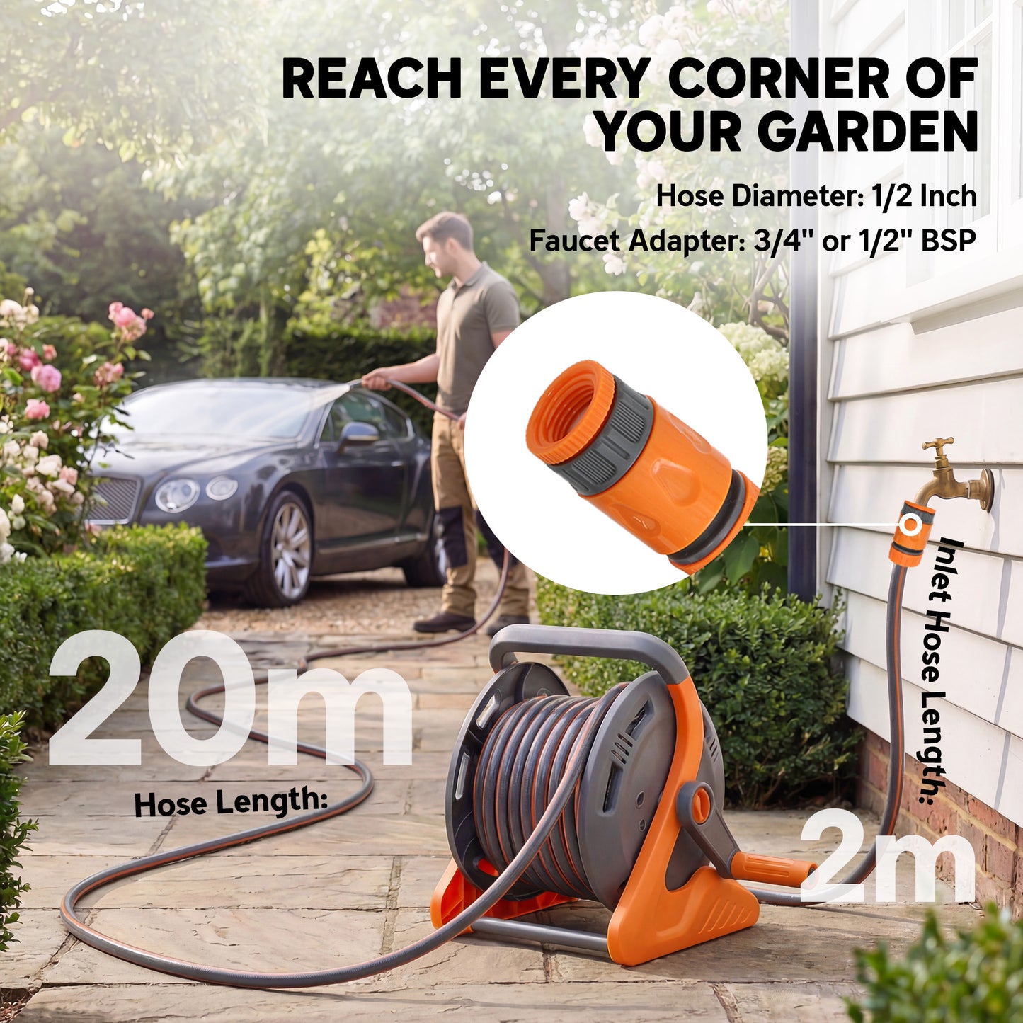 Outsunny Wall Mounted Garden Hose Reel 20m Plus 2m With Crank Handle And Dual Pattern Spray Nozzle Orange