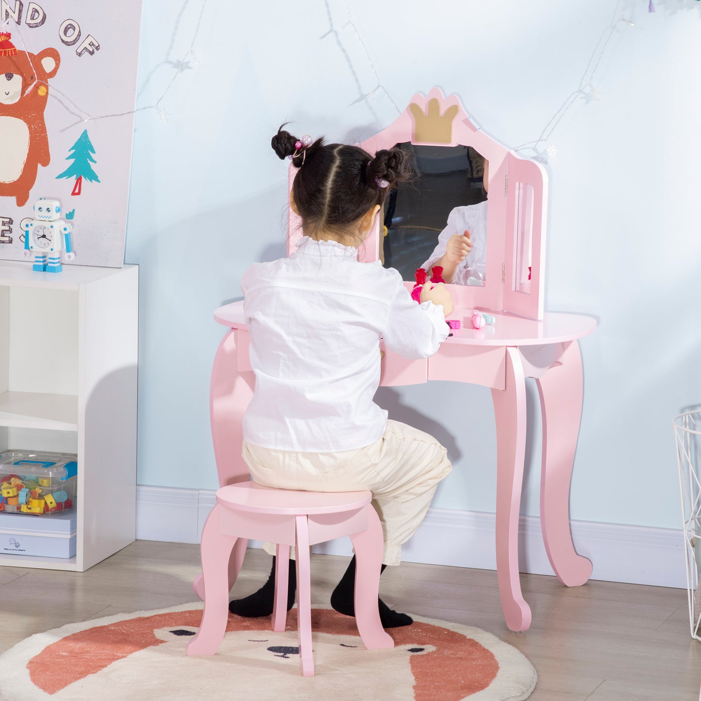 HOMCOM Princess-Themed Kids Vanity Set with Rotating Mirrors and Drawer, Pink Dressing Table and Stool for Girls - ALL4U RETAILER LTD