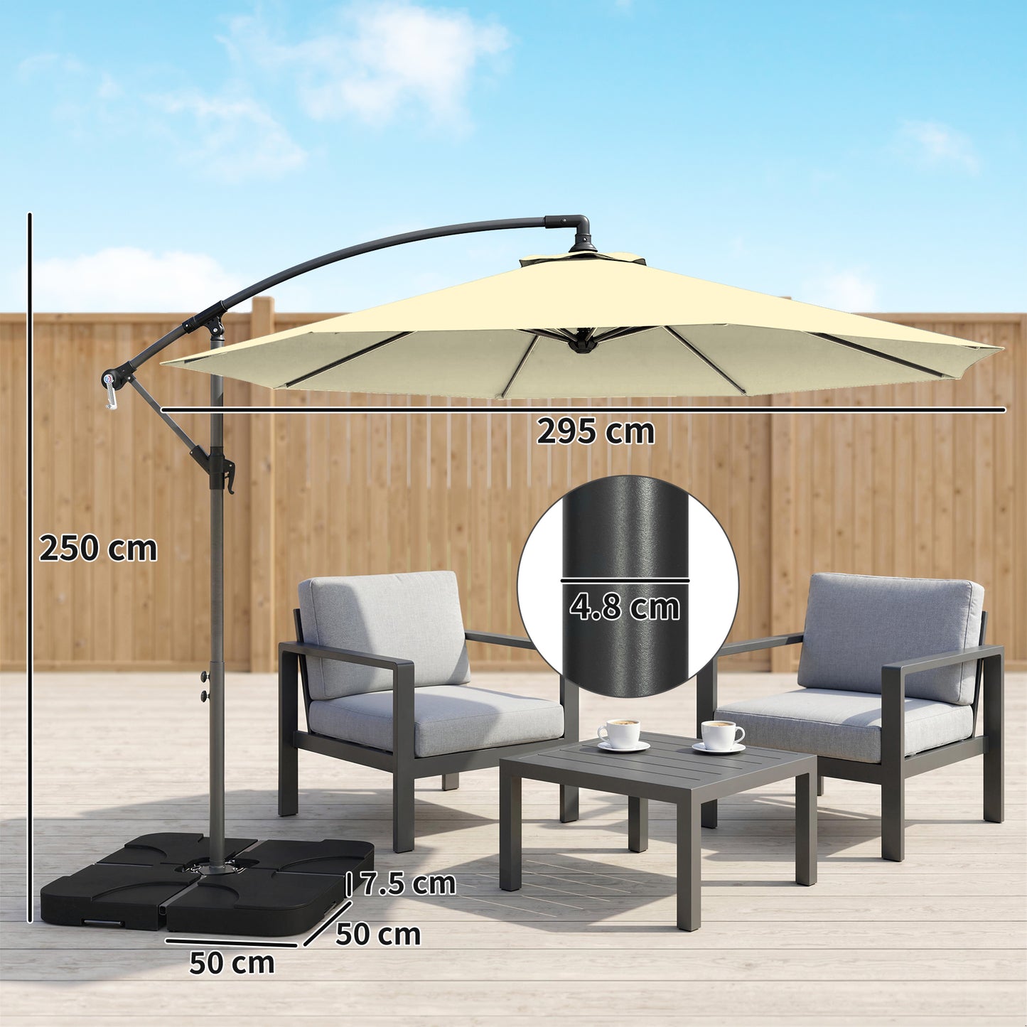 Outsunny 3m Overhanging Cantilever Parasol With Base Weights And Cover Sand Brown