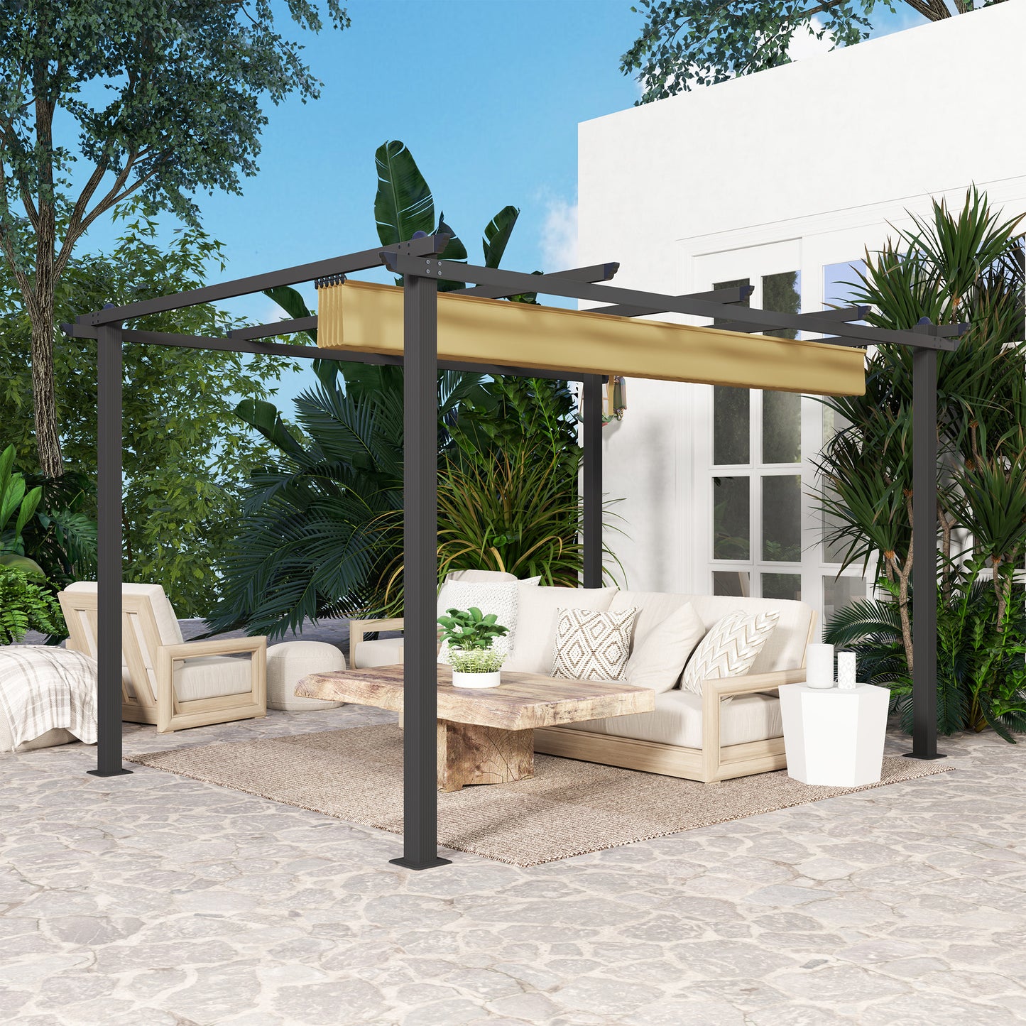 Outsunny 3 x 4m Aluminium Pergola With Retractable Roof Khaki for Patio Or Garden