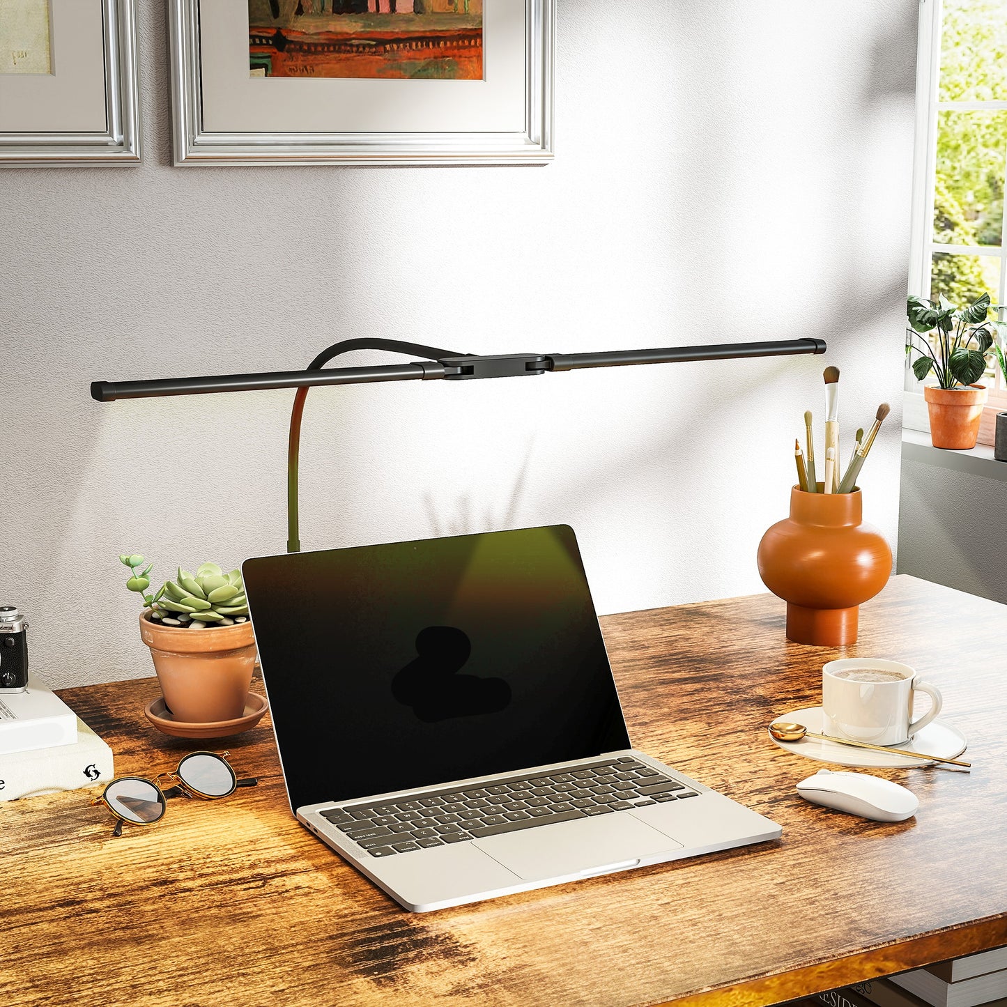 HOMCOM LED Desk Lamp With Clamp Dual Head Gooseneck 3 Color Modes 10 Brightness Levels Timer Memory Study Office Black