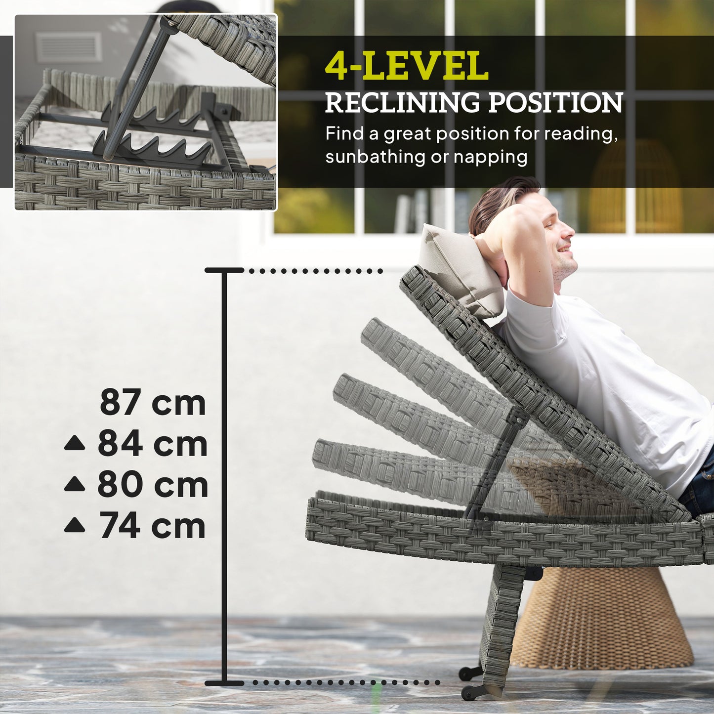 Outsunny Outdoor PE Rattan Sun Lounger Folding Wicker Garden Lounger Recliner With 4 Level Adjustable Backrest Wheels