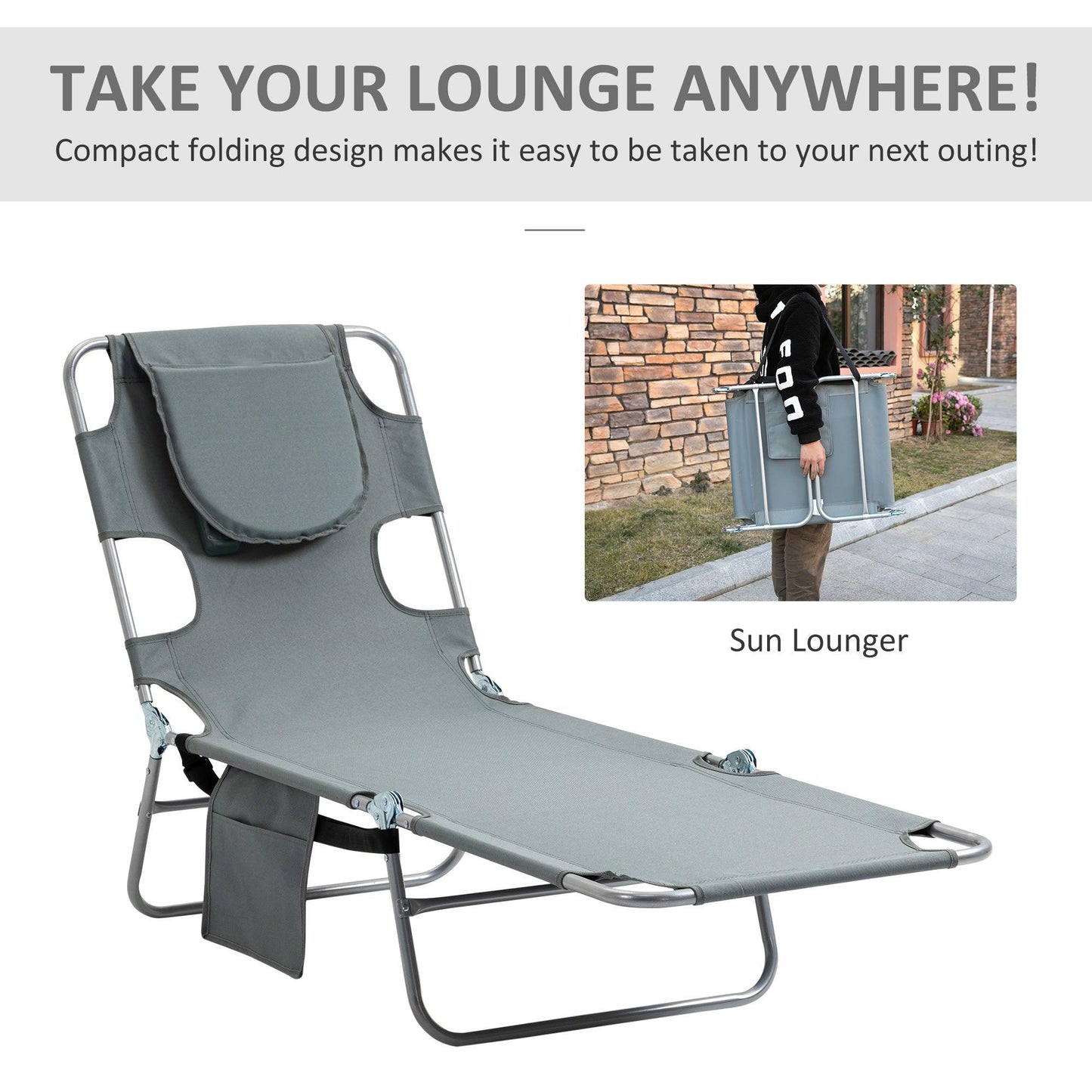 Outsunny Beach Lounge Chair with Arm Slots, 5-Position Adjustable Backrest, Grey - ALL4U RETAILER LTD