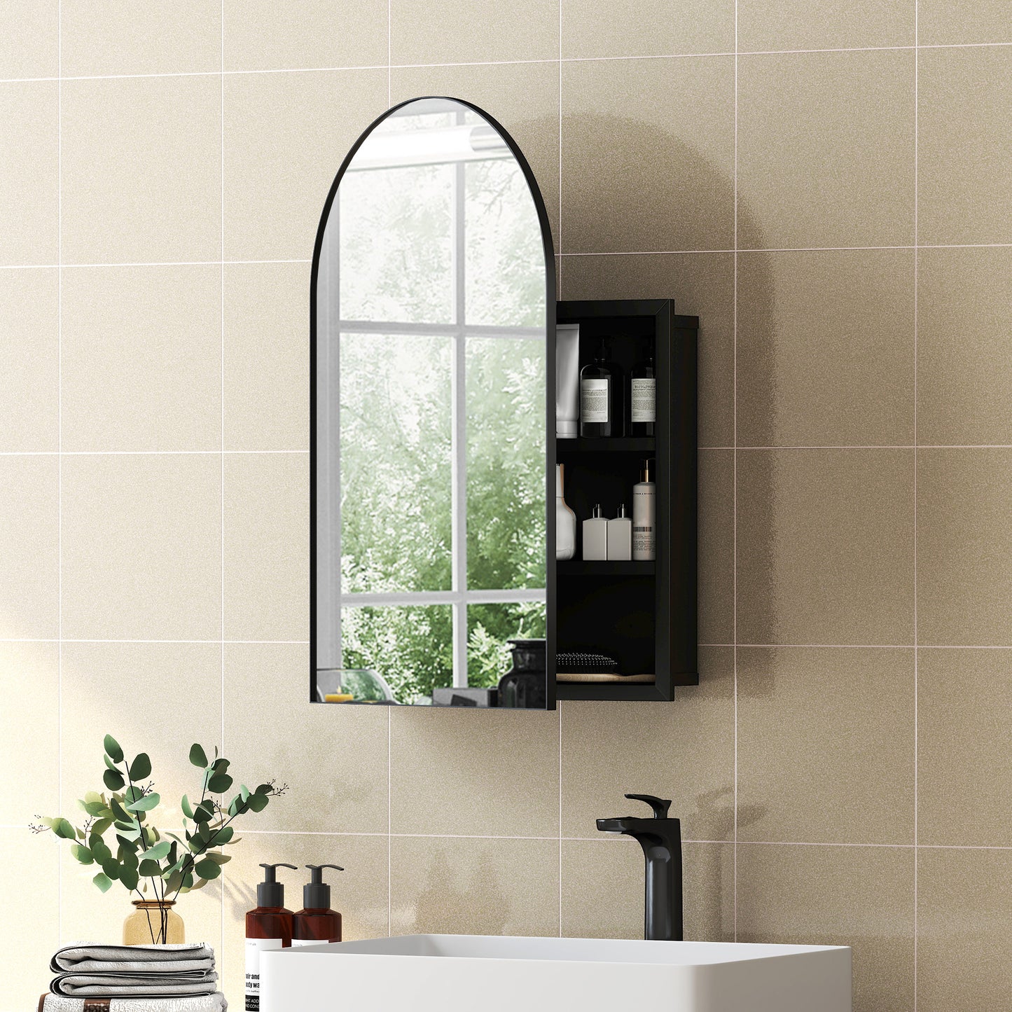 HOMCOM Arched Wall Mounted Bathroom Mirror Cabinet With Storage Shelves Black Finish Fully Assembled