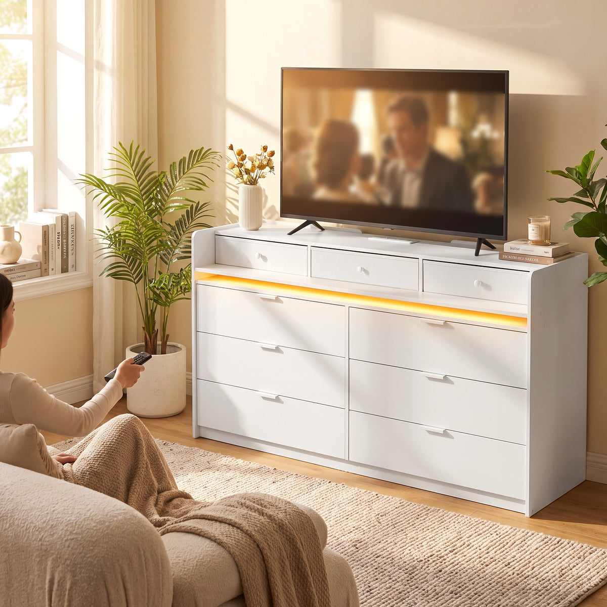 White 9-drawer dresser with LED light strip and flat top for media and decor