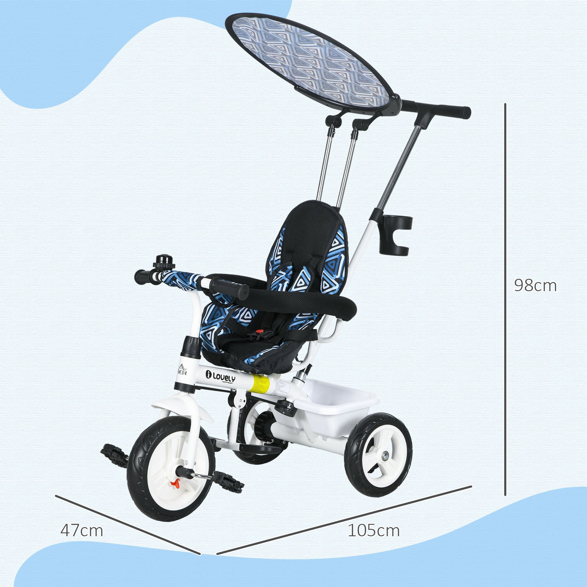 HOMCOM Qaba 4-in-1 Kids Tricycle with Safety Harness and Removable Canopy, Blue - ALL4U RETAILER LTD