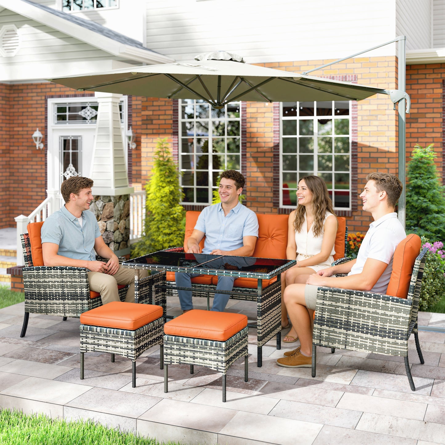 Outsunny 6 Piece Outdoor Rattan Garden Furniture Set With Dining Table And Cushions Orange