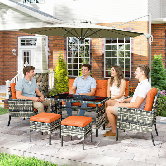 Outsunny 6 Piece Outdoor Rattan Garden Furniture Set With Dining Table And Cushions Orange