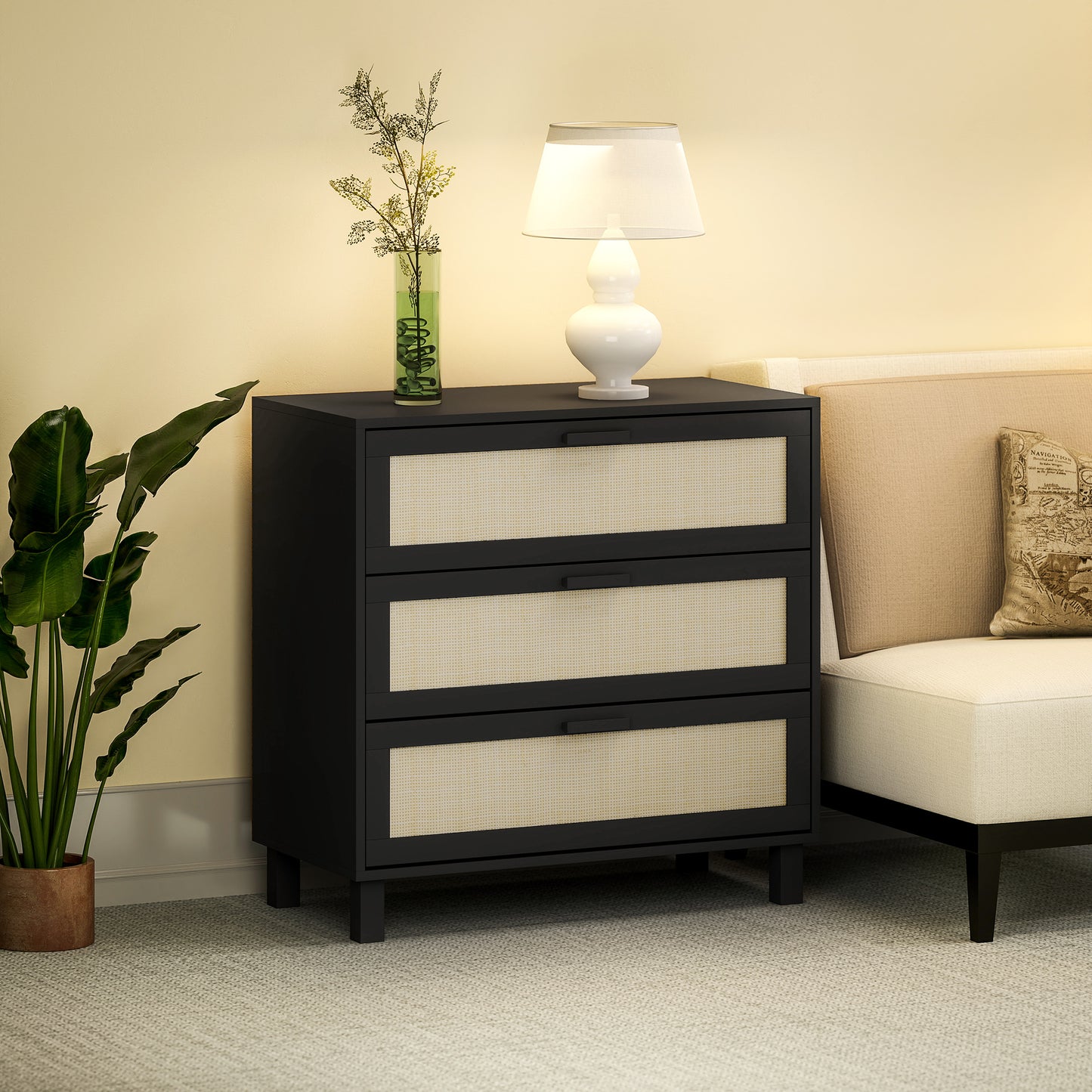 HOMCOM Rattan Bedroom Chest Of Drawers 3 Drawers Storage Unit Boho Dresser For Living Room Hallway Black