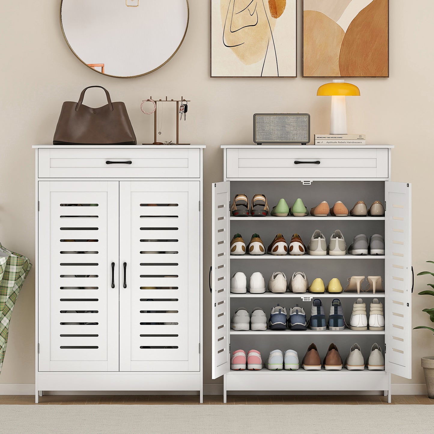 HOMCOM White Shoe Cabinet With Louvered Doors And Adjustable Shelves Modern Storage With Drawer