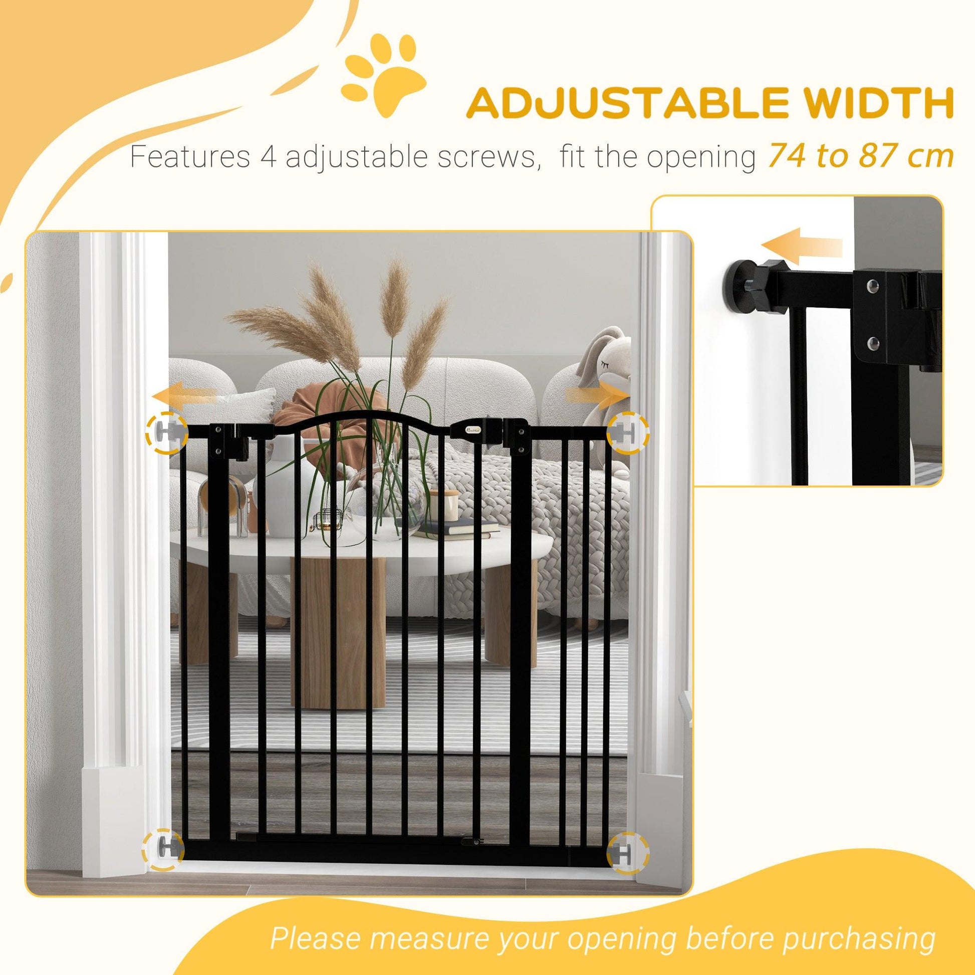 PawHut Metal 74-87cm Adjustable Pet Gate Safety Barrier w/ Auto-Close Door Black - ALL4U RETAILER LTD