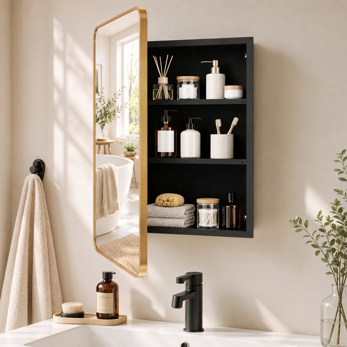 Wall-mounted mirror cabinet with open door showing black shelf storage and gold trim.