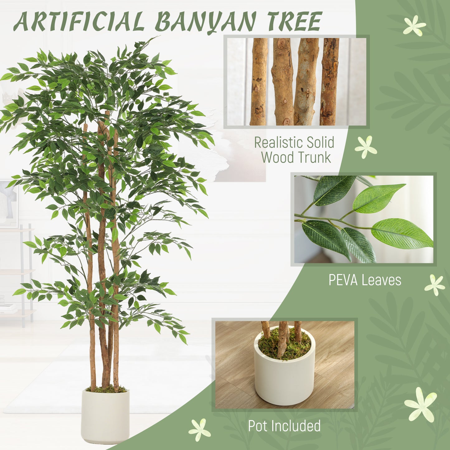 HOMCOM 180cm Artificial Ficus Tree With Solid Wood Trunk In White Pot For Indoor Decor Real Touch Leaves