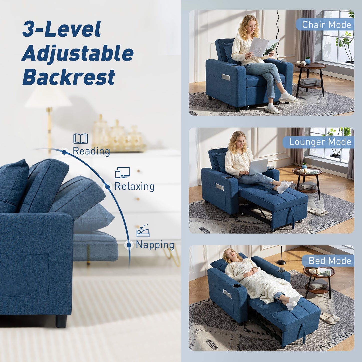 HOMCOM 3 In 1 Sofa Bed Convertible Armchair Lounger And Single Bed Dark Blue 95 x 190 cm