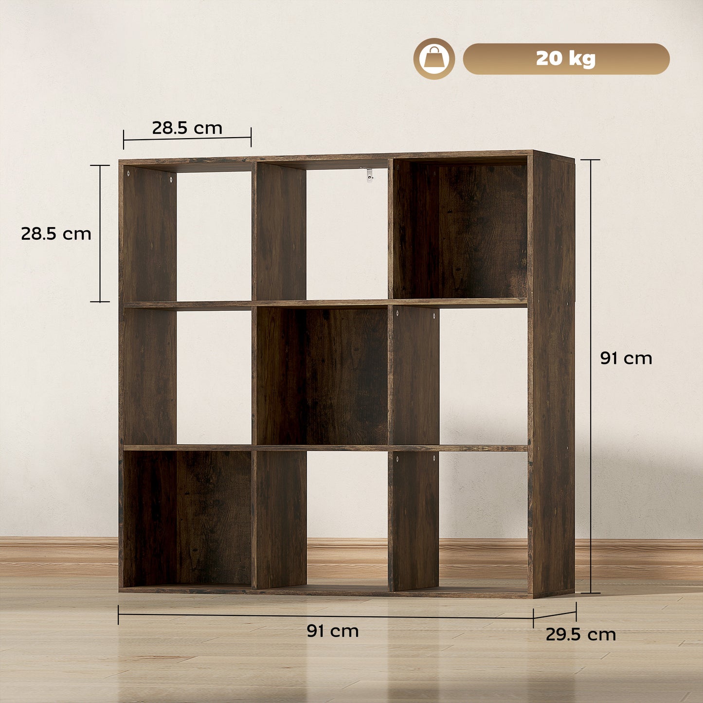HOMCOM Nine Cube Storage Shelf Rustic Brown Multi Compartment Cube Organizer For Home And Office