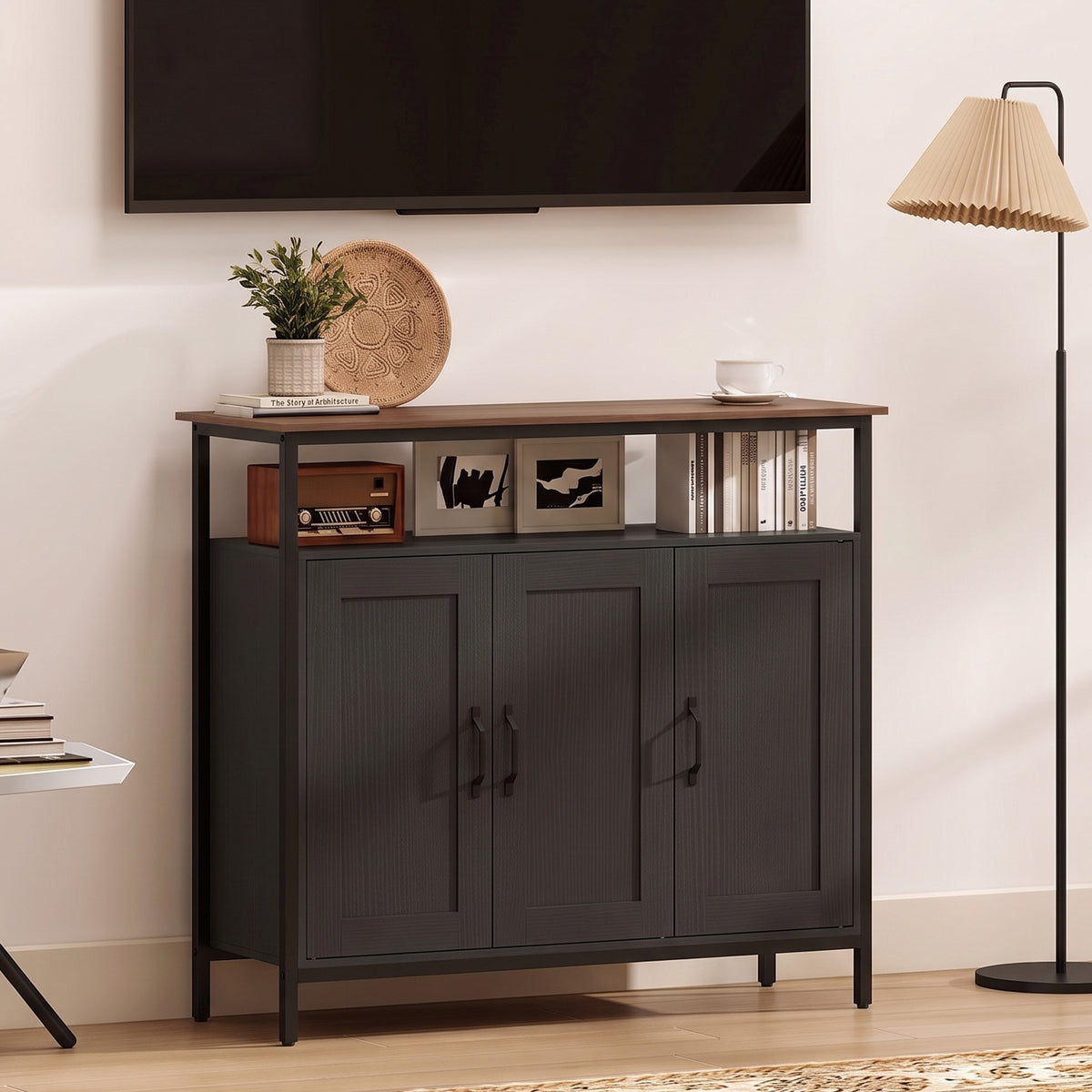 Dark gray industrial sideboard with three cabinet doors and open top storage area