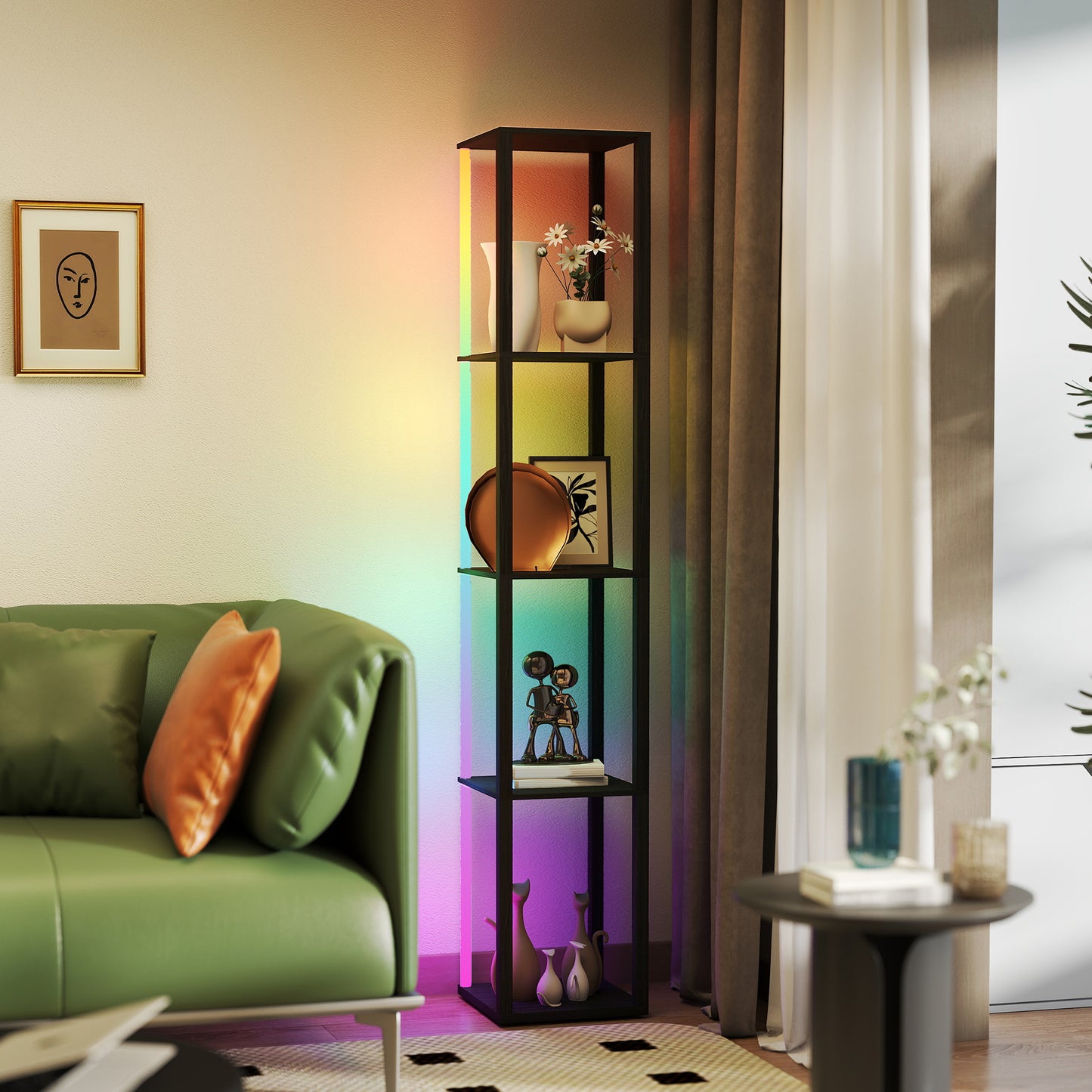 HOMCOM RGB LED Floor Lamp With Shelves Dimmable Standing Lamp With Remote Control Black
