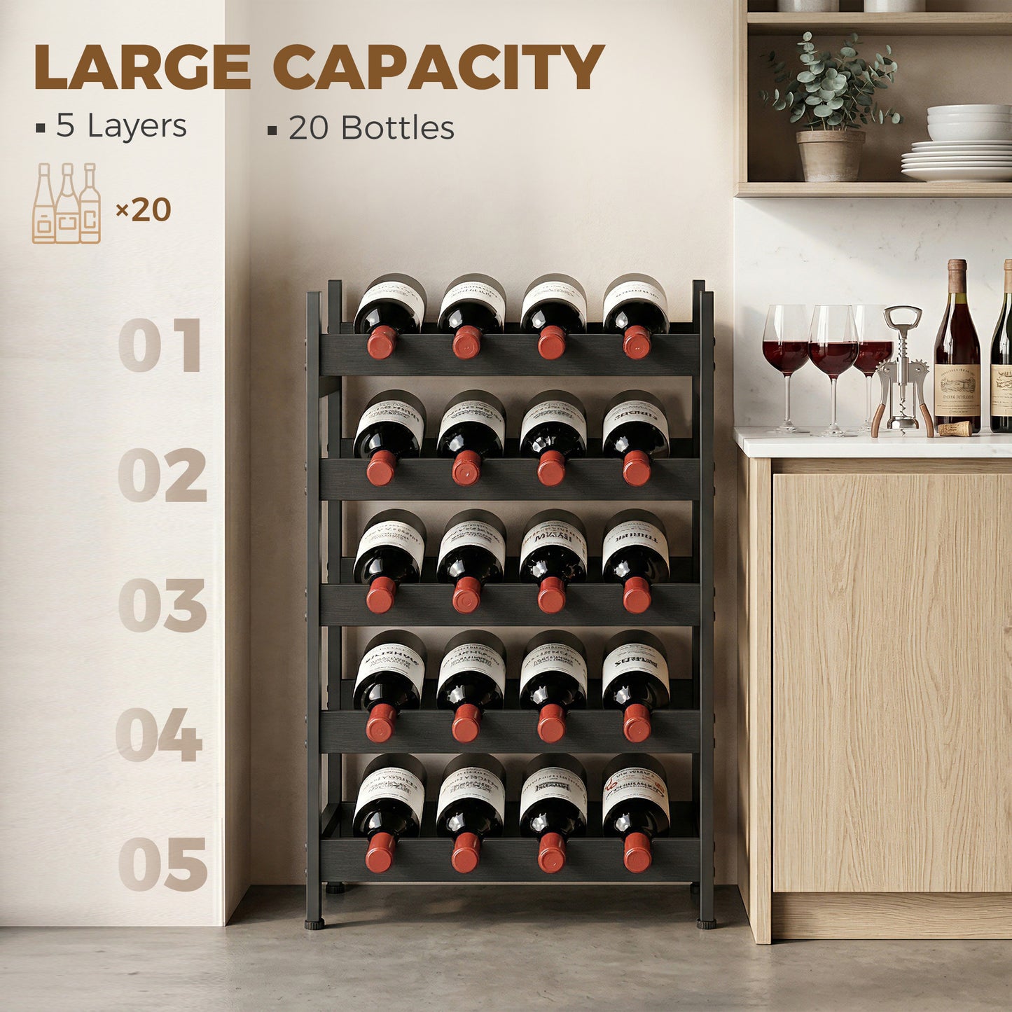 HOMCOM Freestanding 5 Tier Wine Rack Holds 20 Bottles Industrial Steel Bar Cabinet With Adjustable Feet Black