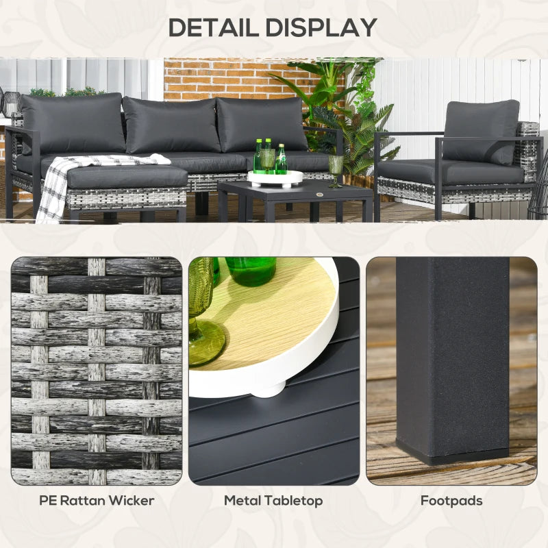 Outsunny 6-Piece Patio Furniture Set - Charcoal Grey Outdoor Sofa, Armchair, Stool, Metal Table with Cushions - ALL4U RETAILER LTD