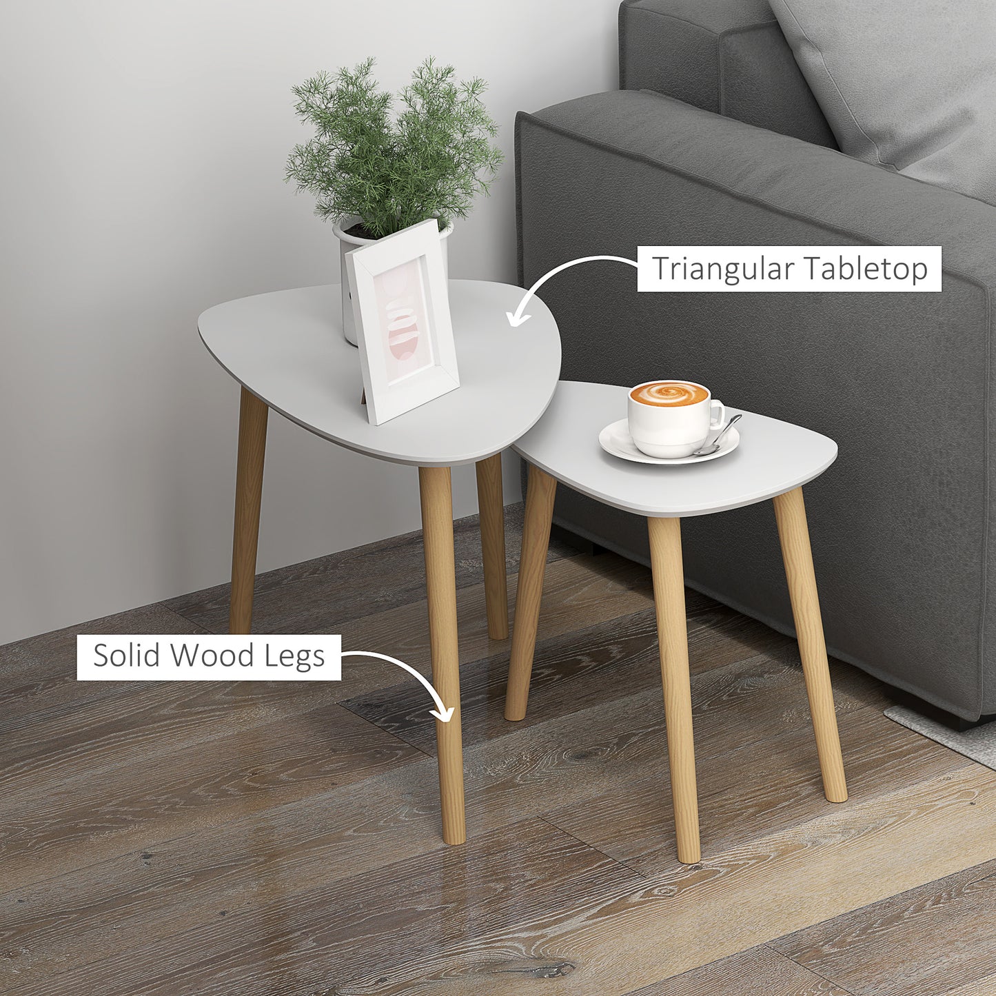 HOMCOM Nesting Coffee Table Set Of 2 With Solid Wood Legs In Light Grey For Living Room And Bedroom