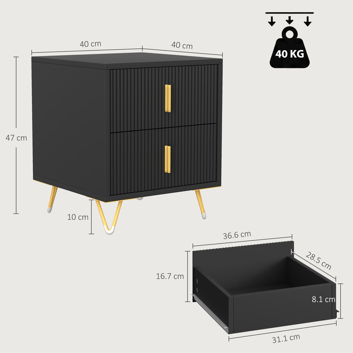 Homcom Elegant Fluted Bedside Table With Two Drawers And Gold Handles