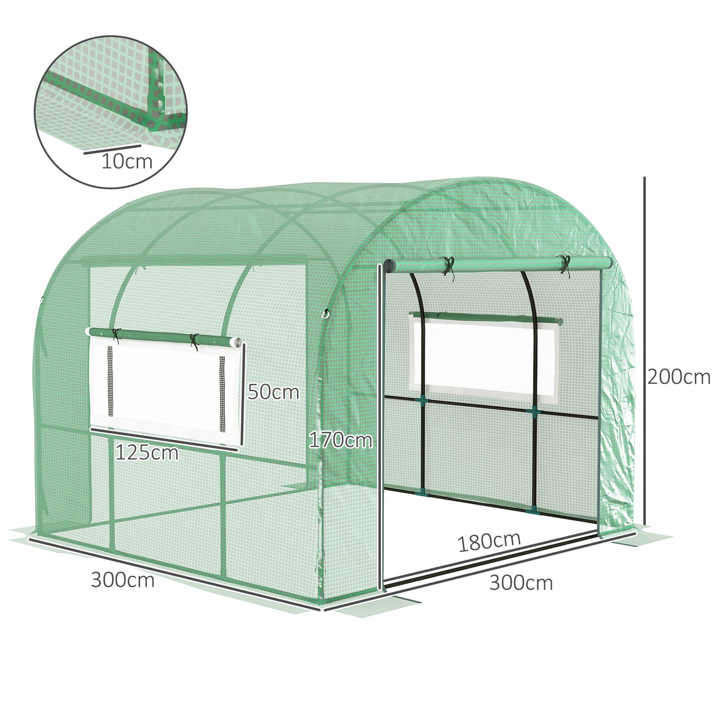 Outsunny 300cm By 300cm Walk In Polytunnel Greenhouse With Zipped Doors And Mesh Windows