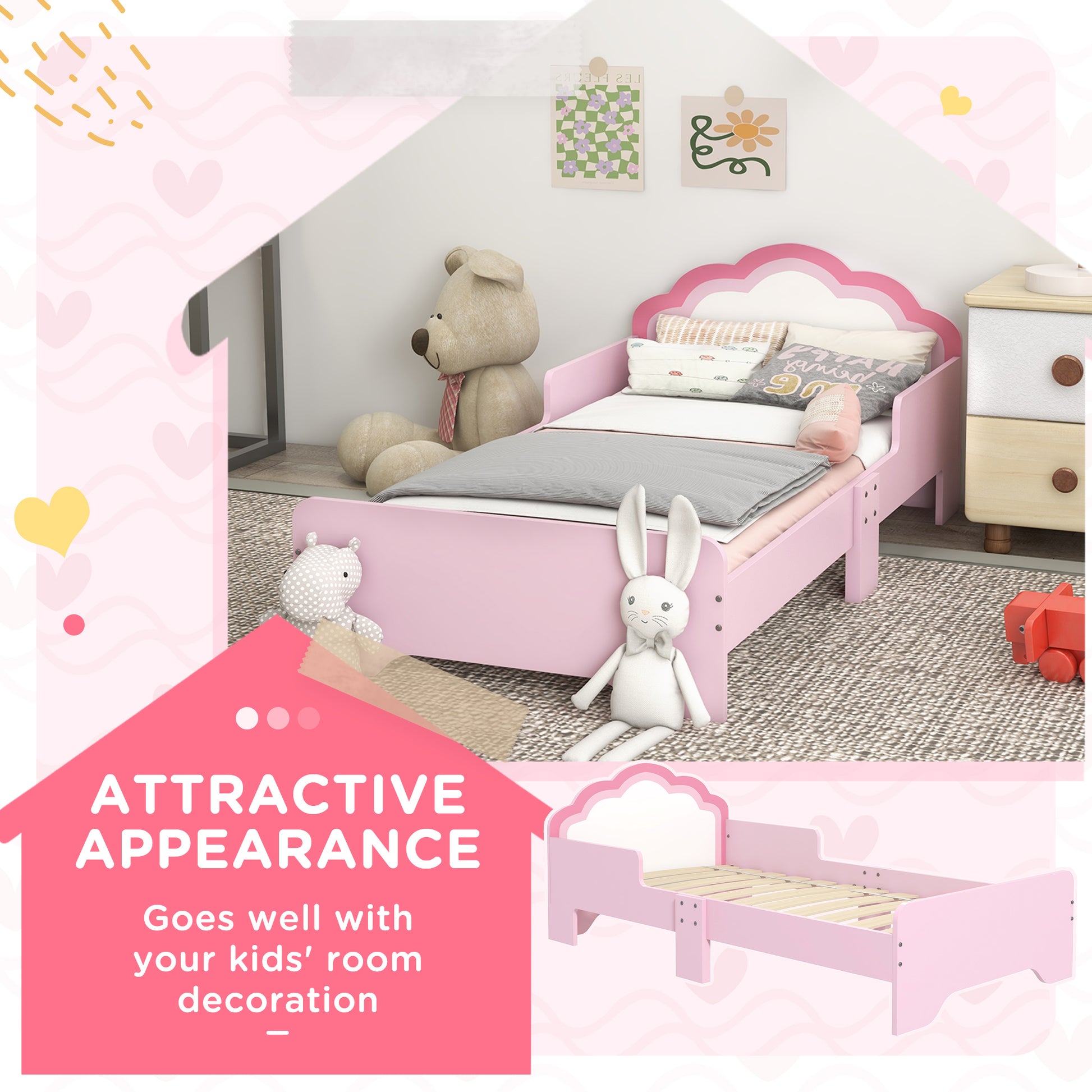 ZONEKIZ Pink Cloud Toddler Bed Frame, Princess-Themed Kids Bed, Compact Design for Small Spaces, 143 x 74 x 55 cm - ALL4U RETAILER LTD