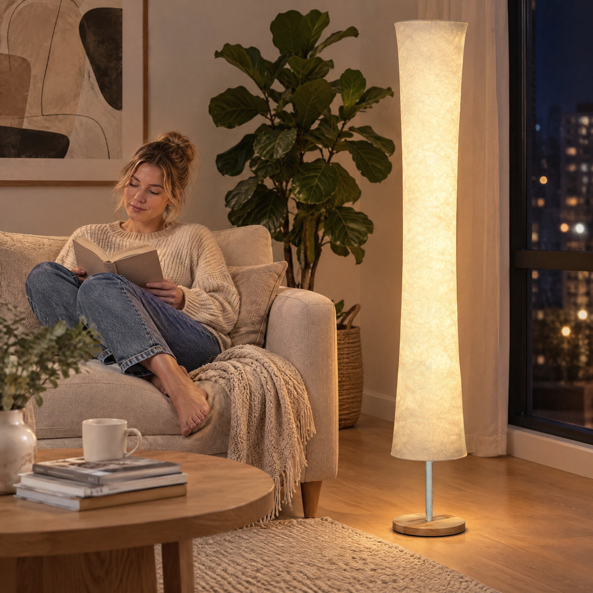 Floor lamp with textured paper shade and pine base beside an armchair